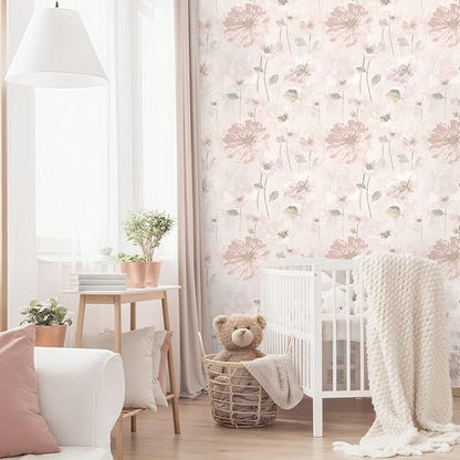 Ismoon 17.3''x362.2''Peel and Stick Wallpaper Vintage Floral Contact Paper Watercolor Pink Removable Self-Adhesive Wallpaper for Bathroom Bedroom Nursery Wildflower Botanical Wall Paper Vinyl Decor