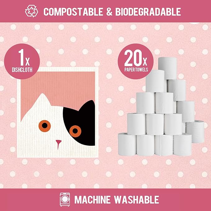 Morigins Cute Cat Swedish Dish Clothes Pack of 6, Reusable, Absorbent Hand Towels for Kitchen, Bathroom and Cleaning Counters Cellulose Sponge Cloth