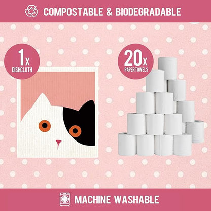 Morigins Cute Cat Swedish Dish Clothes Pack of 6, Reusable, Absorbent Hand Towels for Kitchen, Bathroom and Cleaning Counters Cellulose Sponge Cloth