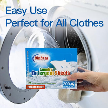 Binbata Laundry Detergent Sheets, 200 Count, Fragrance Free, Unscented, Eco-Friendly, Hypoallergenic, Biodegradable, Plastic Free, Liquidless, Suitable for Sensitive Skin