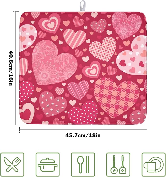 Valentine's Day Dish Drying Mat 16 x 18 Inch Heart Shaped Pattern Dish Drying Pad Absorbent Microfiber Mats for Red Dish Rack Pad for Kitchen Counter Coffee Bar Decor