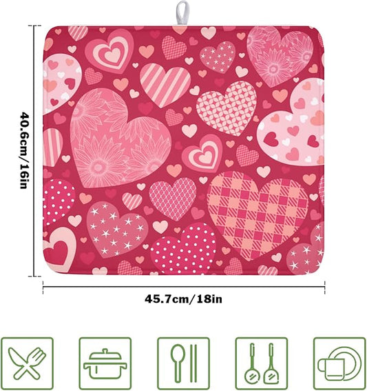 Valentine's Day Dish Drying Mat 16 x 18 Inch Heart Shaped Pattern Dish Drying Pad Absorbent Microfiber Mats for Red Dish Rack Pad for Kitchen Counter Coffee Bar Decor