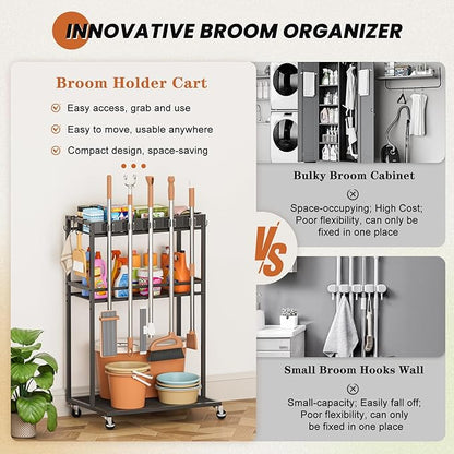 Broom Holder with Cleaning Supplies Organizer, Broom Closet Storage Cabinet with Mop Hanger Gripper Rack Hooks, Cleaning Housekeeping Janitorial Cart with Cleaning Caddy, Laundry Room Organization