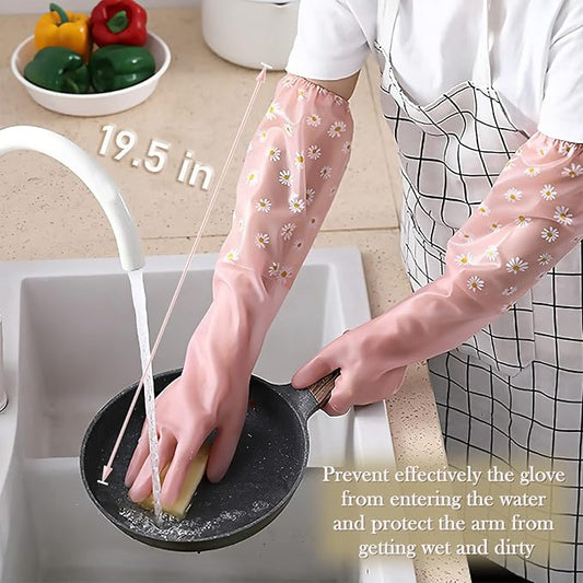 KAQ Dishwashing Cleaning Gloves 3 Pairs-Reusable Rubber Gloves Non-Slip Laundry Kitchen Gardening Household Gloves(Long Cuff)