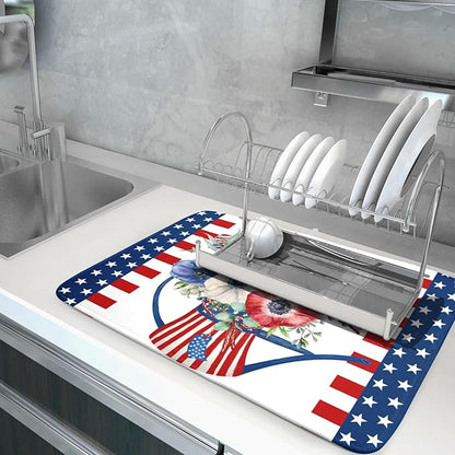 American Flag 4th of July Dish Drying Mats for Kitchen Counter Patriotic Flowers Dry Dishes Pads 16x18 Inch Microfiber Absorbent Independence Day Drainer Pad Tableware Mats Protector for Countertops