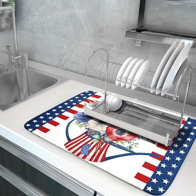 Patriotic American Flag Dish Drying Mat 18x24 Inch Spring Summer Flower 4th of July Memorial Kitchen Mats Vintage Absorbent Dishes Pad for Kitchen Counter Memorial Home Decorations for Countertops