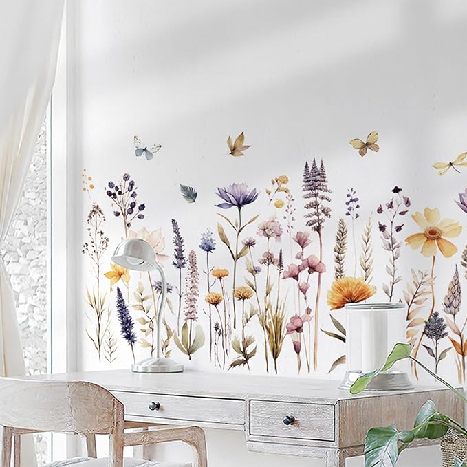 Wildflower Wall Decals Wall Decor Boho Flower Stickers, Dandelion Grass Wall Art Murals, 3D Flower Pattern Self-Adhesive Wall Stickers for Girls Bedroom Living Room Nursery Decor