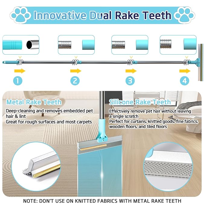 Carpet Rake for Pet Hair Removal Tool, Reusable Pet Hair Remover Broom with 54” Adjustable Long Handle, Cat Dog Hair Remover Carpet Scraper Broom with Copper Rake Teeth & TPU Brush for Rugs Mats Couch