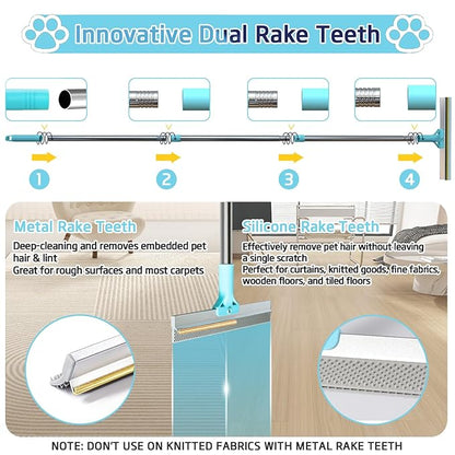 Carpet Rake for Pet Hair Removal Tool, Reusable Pet Hair Remover Broom with 54” Adjustable Long Handle, Cat Dog Hair Remover Carpet Scraper Broom with Copper Rake Teeth & TPU Brush for Rugs Mats Couch