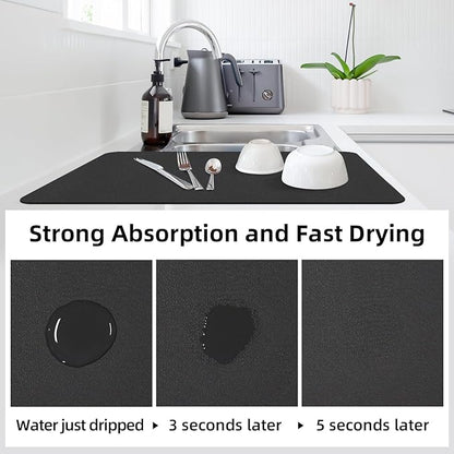 LOPNUR Kitchen Dish Drying Mat, 31.5"x17" Extra Large Dish Drying Mats for Kitchen Counter, Diatomite Coffee Mat Super Absorbent Dish Drying Pad, Heat Resistant Mat with Anti-slip Rubber Backed, Black