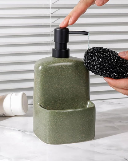 BosilunLife Dish Soap Dispenser - Matte Green Ceramic Kitchen Soap Dispenser with Sponge Holder Matte Ceramic Soap Daddy Dispenser 20oz for Kitchen Soap Pump and Sponges Caddy