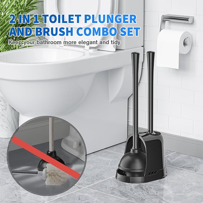 LOVLOY Toilet Plunger and Brush, Silicone Bowl Brush and Heavy Duty Toilet Plunger Set with Ventilated Holder, 2-in-1 Toilet Brush and Plunger Combo for 5.3-inch Toilet Drain Bathroom Cleaning