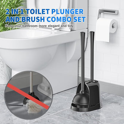 LOVLOY Toilet Plunger and Brush, Silicone Bowl Brush and Heavy Duty Toilet Plunger Set with Ventilated Holder, 2-in-1 Toilet Brush and Plunger Combo for 5.3-inch Toilet Drain Bathroom Cleaning