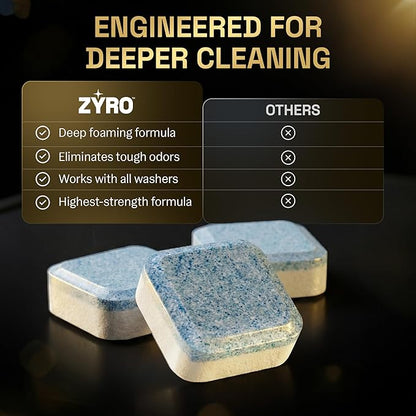 Washing Machine Cleaner Tablets | 24 Pack | Ultra Deep Clean | Eliminates Odors | Washer Cleaner Tablets for HE Front Loader & Top Load Washer | Compatible with All Machines | 1 Year Supply | Zyro