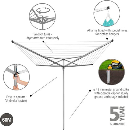 Brabantia Topspinner Outdoor 4 Arm Spinning Clothesline (197 ft/Ø 1.8") Rotating, Folding Clothes Drying Rack + Ground Spike (Gray)