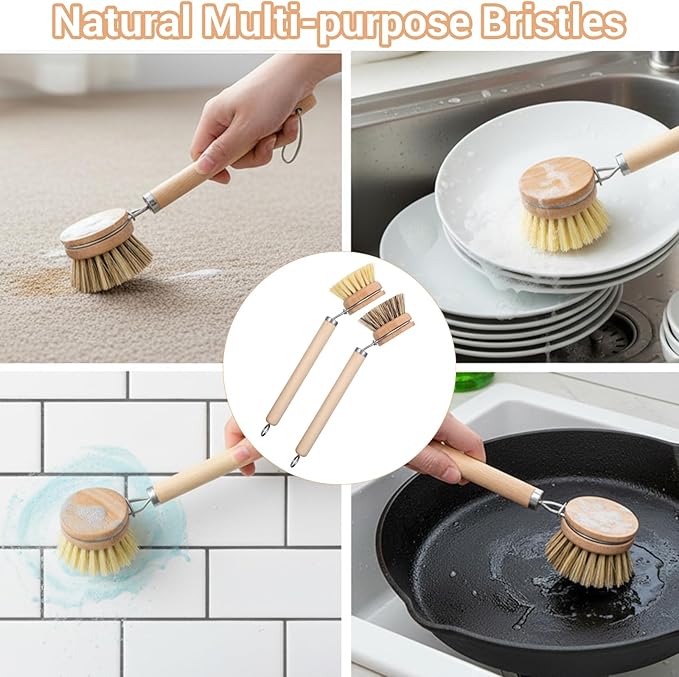 14pcs Dish Brush Replacement Heads Set with 2 Handles, 6 Sisal & 6 Coir Bristle Brush Heads for Kitchen Cleaning – Natural Wooden Scrubbers for Pots, Pans, Dishes – Eco Friendly