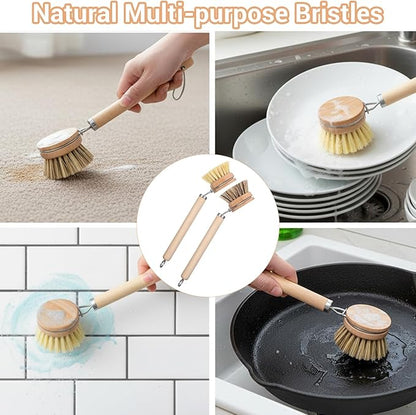 14pcs Dish Brush Replacement Heads Set with 2 Handles, 6 Sisal & 6 Coir Bristle Brush Heads for Kitchen Cleaning – Natural Wooden Scrubbers for Pots, Pans, Dishes – Eco Friendly