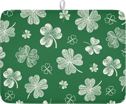 St Patrick's Day Dish Drying Mat 18 x 24 Inch Green Shamrock Dish Drainer Rack Mat Absorbent Microfiber Mats for Spring Lucky Clovers Dish Pad for Kitchen Coffee Bar Decor