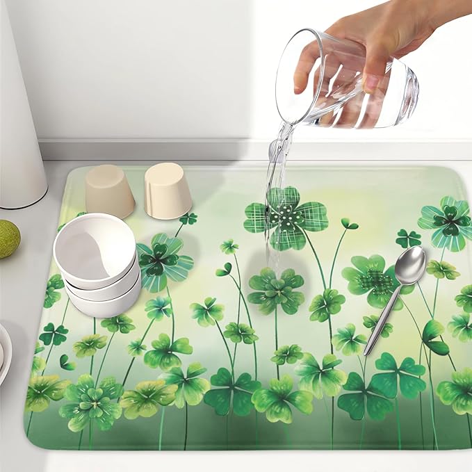 St Patrick's Day Dish Drying Mat for Kitchen Counter Green Lucky Shamrock Pattern Drying Mat 18x24 Inch Spring Holiday Absorbent Dish Drainer Mat Kitchen Accessories