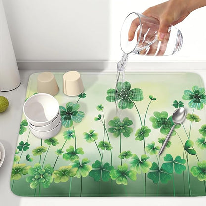 St Patrick's Day Dish Drying Mat for Kitchen Counter Green Lucky Shamrock Pattern Drying Mat 18x24 Inch Spring Holiday Absorbent Dish Drainer Mat Kitchen Accessories