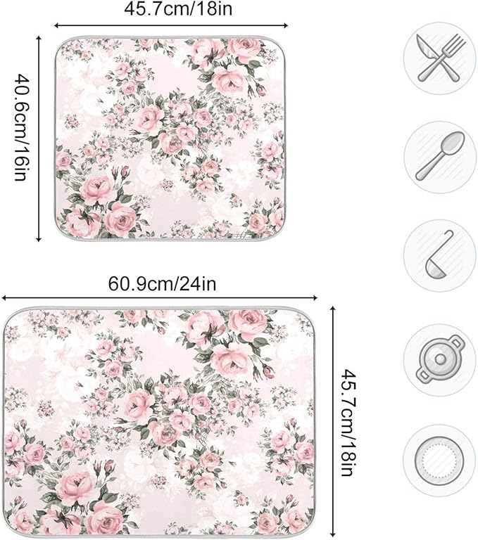 Floral Pink Roses Bouquets Dish Drying Mat for Kitchen Counter Absorbent Microfiber Drying Pad, Medium 16x18 in