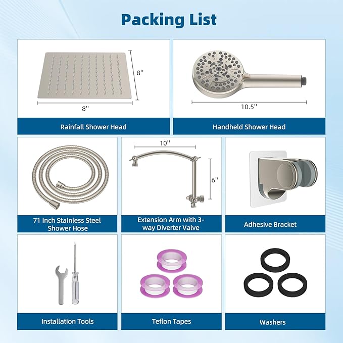 Hibbent All Metal cUPC Certified Shower Head, 8'' High Pressure Rain Shower Head, Handheld Showerhead Combo with 16'' Adjustable Extension Arm, 10 Sprays, 71'' Hose, Showerhead Holder, Brushed Nickel