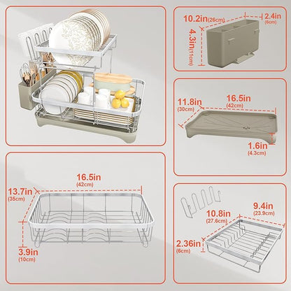 2-Tier Dish Drying Rack for Kitchen Counter, 304 Stainless Steel Dish Rack with Adjustable Drainboard, Removable Utensil Holder & Water Tray, Grey