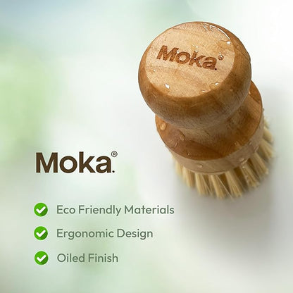 Moka Bamboo Dish Brush - Eco Friendly Scrub Brush with Natural Bristle - Premium Bamboo Dish Scrubber for Kitchen Cleaning, Dishes, Pots, and Pans - Sustainable and Durable Design