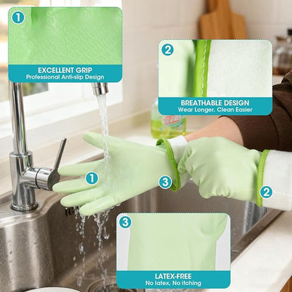 Household Gloves Waterproof with Flock Lining for Dishwashing Cleaning Reusable No-slip for Kitchen & Bathroom 3 Pairs Medium Blue+Green+Pink