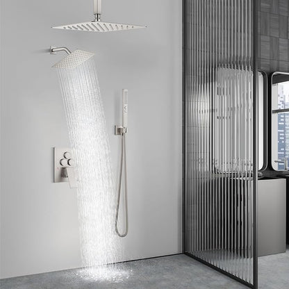 Aolemi Shower Faucet Set Ceiling Mount Shower System Rough-in Valve and Shower Trim Kit 2 in 1 Handheld Spray Push Button Diverter 12 and 6 Inch Dual Shower Head Brushed Nickel