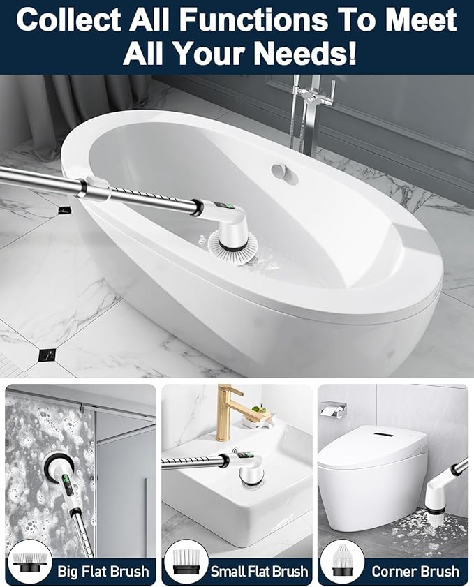 Shower Scrubber with Long Handle for Cleaning Bathroom, Electric Spin Scrubber Cleaning Brush with IPX7 Waterproof & 2Speed, 3Brush Heads, Bathroom Cleaning Supplies for Shower Tub Kitchen Tile Toilet