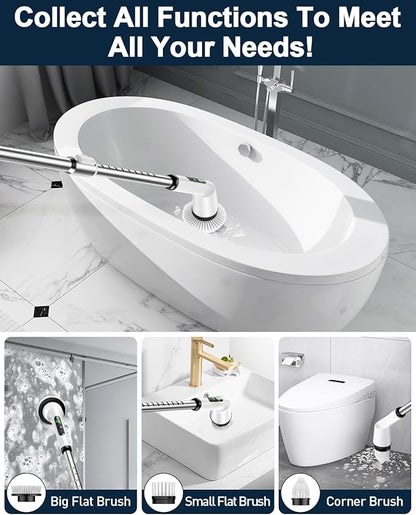 Shower Scrubber with Long Handle for Cleaning Bathroom, Electric Spin Scrubber Cleaning Brush with IPX7 Waterproof & 2Speed, 3Brush Heads, Bathroom Cleaning Supplies for Shower Tub Kitchen Tile Toilet