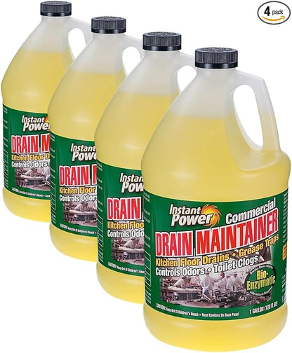 Instant Power Commercial Drain Maintainer - Liquid Enzyme Clog Remover, Cleans and Deodorizes, Reduces Drain Blockages, 1 Gal (Pack of 4)