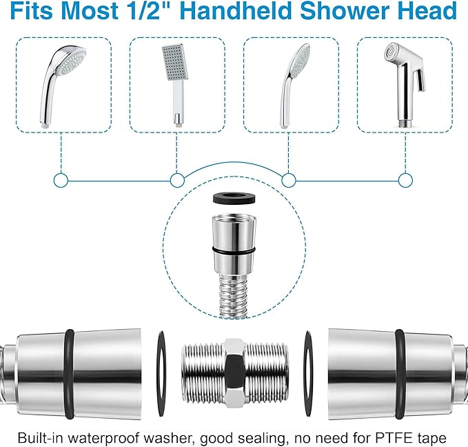 Dreyoo 2 Pack 39 Inch Shower Hose with Shower Extension Connector, Extra Long Handheld Head Hose with Brass Insert and Nut, 1/2 to 1/2 Extender, Stainless Steel