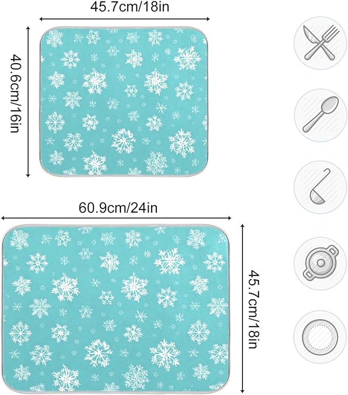 Winter Snowflake Turquoise Dish Drying Mat for Kitchen Countertop 18x24 Christmas Snow Aqua Xmas Large Drying Mat Reusable Quick Dry Dish Sink Mats Easy Clean Decorative Essentials