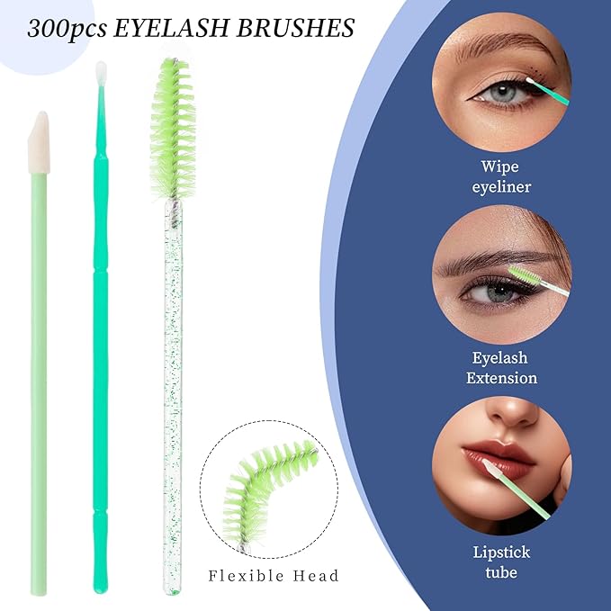 300 PCS Eyelash Extension Supplies Kit, Disposable Micro Applicator Brush, Eyebrow Spoolie, Lip Brush, Mascara Wand Applicator (light green kits)