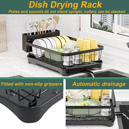 LIYI Dish Drying Rack,Adjustable Spout Design,Kitchen Dish Racks,Made of Iron Material,with Removable Draining Board,Suitable for Kitchen and Caravan Use Scenarios,Black