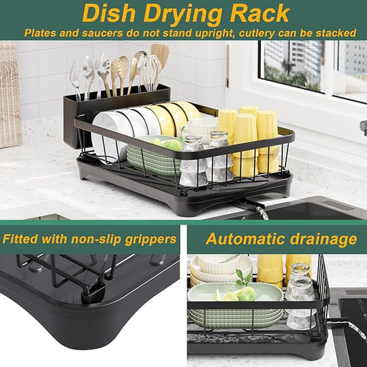 LIYI Dish Drying Rack,Adjustable Spout Design,Kitchen Dish Racks,Made of Iron Material,with Removable Draining Board,Suitable for Kitchen and Caravan Use Scenarios,Black