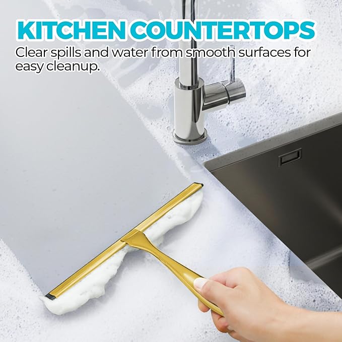 9.8-Inch Golden All-Purpose Shower Squeegee for Shower Doors, Tile Shower Walls, Bathroom, Window, Glass and Car Windshield, Mirrors and Kitchen-Stainless Steel