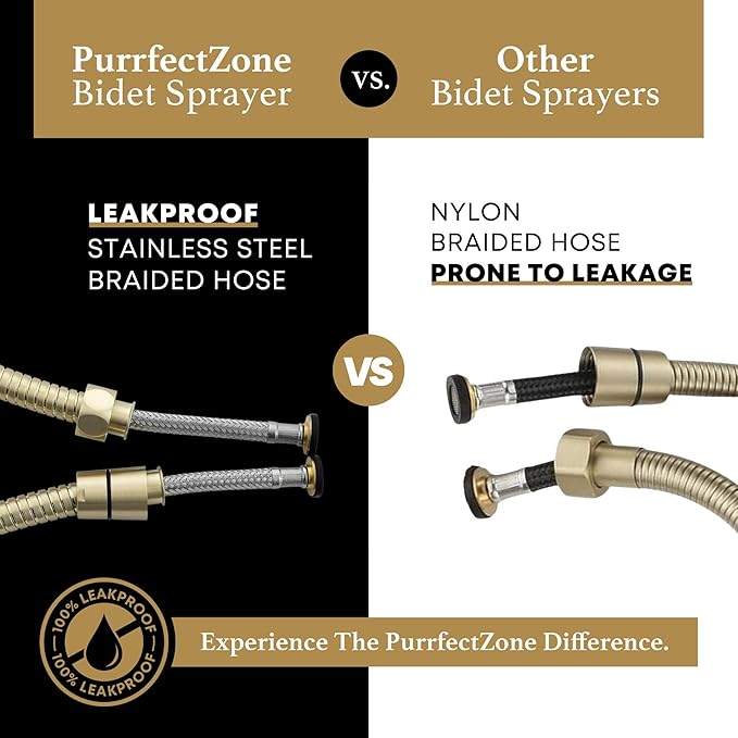 Purrfectzone Bidet Sprayer for Toilet, Handheld Bidet Sprayer Kit, Easy-to-Install Toilet Handheld Shower, Hand Held Stainless Steel Shattaf with Adjustable Flow, Cloth Diaper Set-Brushed Gold