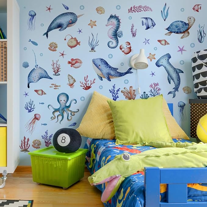 Wall Stickers Decals Kids Peel and Stick Removable for Nursery Kids Bedroom Living Room décor Boys Playroom (Cartoon Ocean)
