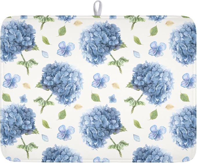 Spring Summer Hydrangea Dish Drying Mat for Kitchen Counter 18 x 24 Inch Blue Floral Dish Drainer Mat Absorbent Microfiber Dish Rack Pad for Holiday Coffee Dining Bar Decor