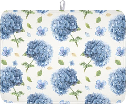 Spring Summer Hydrangea Dish Drying Mat for Kitchen Counter 18 x 24 Inch Blue Floral Dish Drainer Mat Absorbent Microfiber Dish Rack Pad for Holiday Coffee Dining Bar Decor