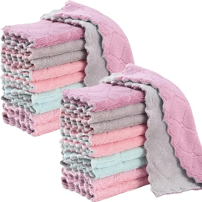 20 Pack Kitchen Dish Cloths Dish Towels, Super Soft and Absorbent Coral Fleece Cloth, Coral Velvet Microfiber Cleaning Cloth, Nonstick Oil Washable Fast Drying Dish Rags for Clean Table, Dish, Glass.