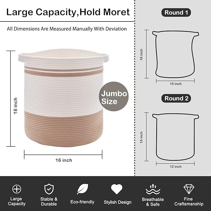 OIAHOMY Laundry Basket- Rope Basket Large Storage Basket with Handles,Modern Decorative Woven Basket for Living Room,Storage Baskets for Toys, Throws, Pillows,and Towels -18"×16"-White&Yellow