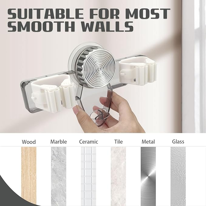 Self Adhesive Broom Holder Wall Mount, No Punching Heavy Duty Broom and Mop Organizer, Non-slip Mop Hanger with 2 Slots & 1 Hook for Bathroom Kitchen Laundry Room, Gray