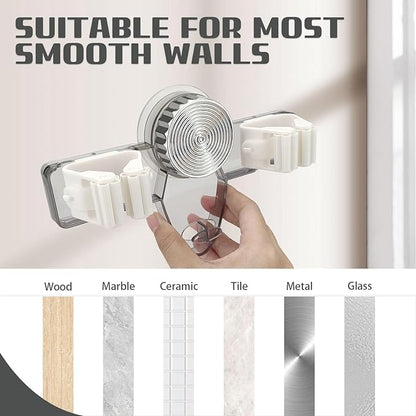 Self Adhesive Broom Holder Wall Mount, No Punching Heavy Duty Broom and Mop Organizer, Non-slip Mop Hanger with 2 Slots & 1 Hook for Bathroom Kitchen Laundry Room, Gray