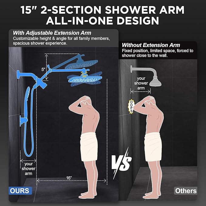 Veken 11.8" Rain Shower Head with Handheld, High Pressure Handheld Shower with Multi Spray Modes, Rainfall Combo with Metal Extension Arm, Detachable Dual Showerhead, Bathroom Decor, Rose Gold