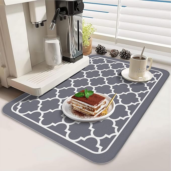 Dish Drying Mat for Kitchen Counter 2 Pack with Non-Slip Rubber Backing - Heat-Resistant Absorbent Coffee Bar Mat, Dish Rack Mat, Gray Texture Dish Drying Mats 18x24+19.5x12 inch