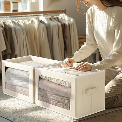 Storage Boxes with Lids - 4 Pack Fabric Clear Window Storage Bins, Large Decorative Storage Bins with Handles, Linen Closet Organizer for Clothes, Towel, Blanket, Beige